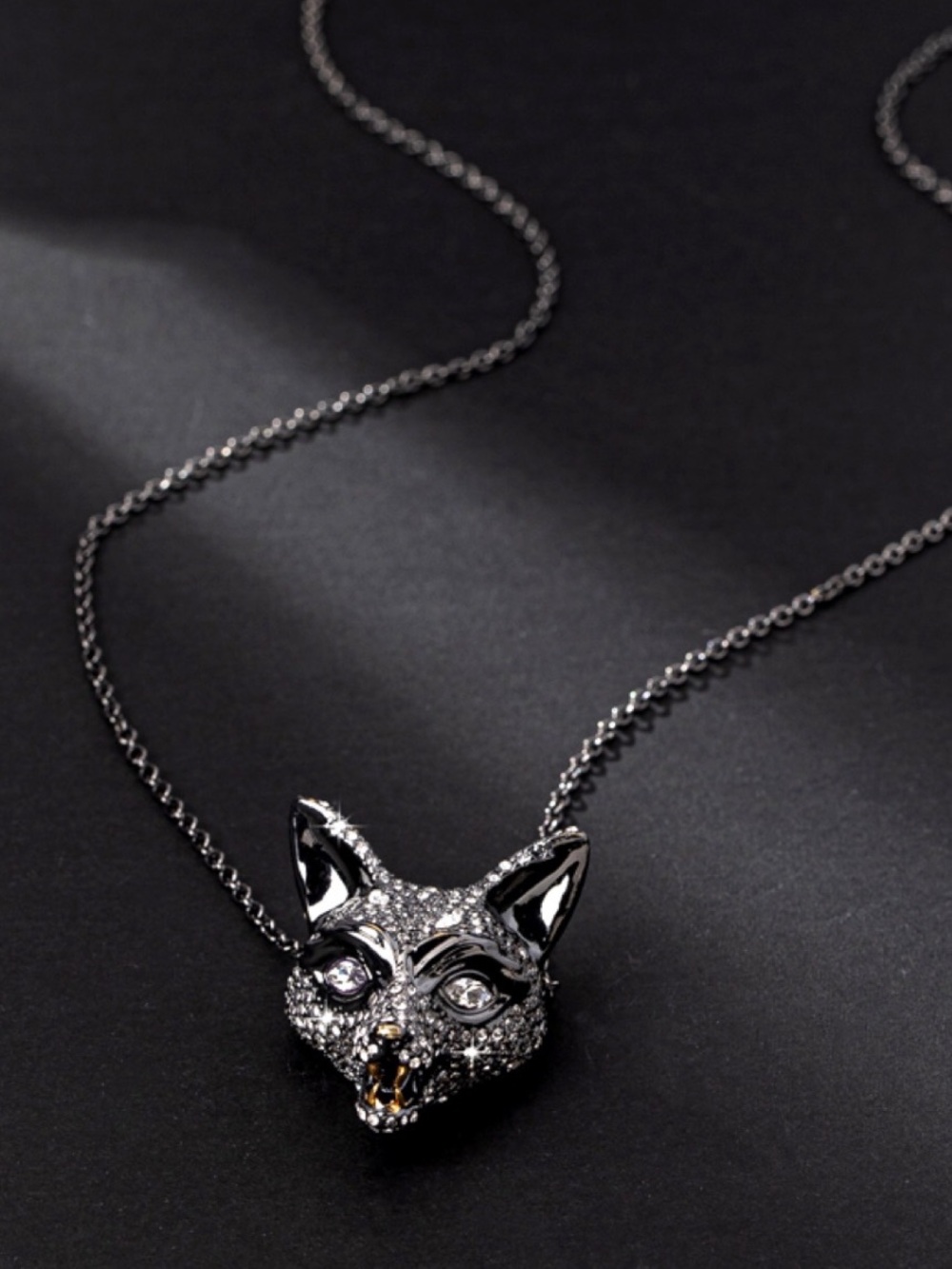 Alexis Bittar Black Pavé Crystal Encrusted Fox Head Pendant Necklace